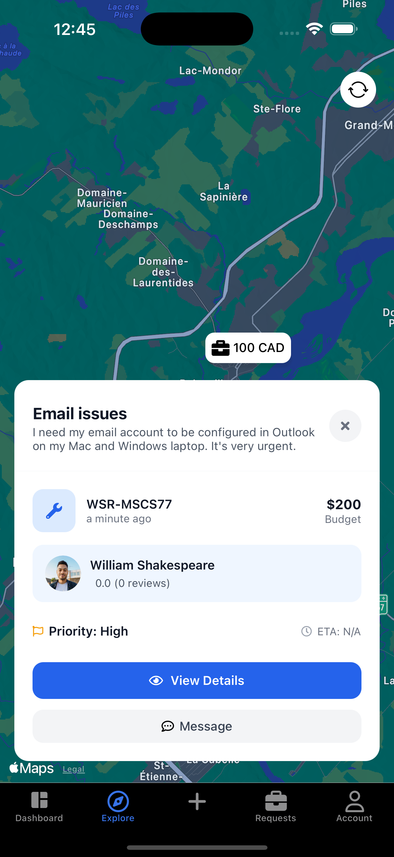 The Workedin mobile app showing nearby IT mandates on a map